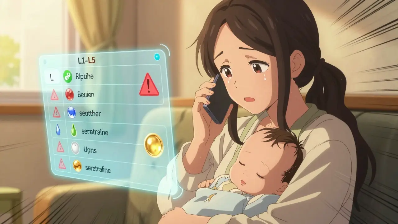 Mother talking to a specialist while a drug safety chart glows nearby, anime style.