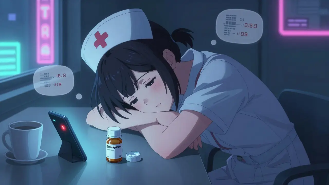 Nurse in break room beside drowsiness-causing meds and coffee, blue phone light on tired face.