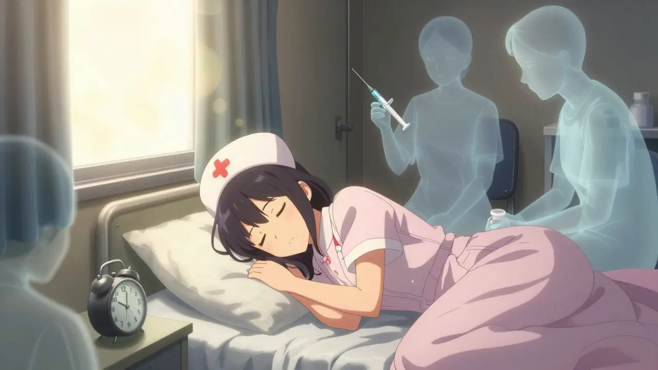 Nurse napping in quiet room, alarm set, golden light creeping in as patient spirits watch gently.