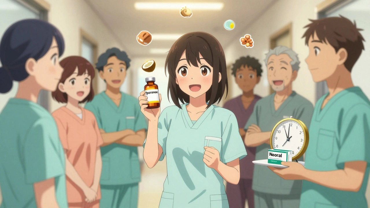 Patients smiling in a clinic hallway holding lipid-based medication packages with floating icons.