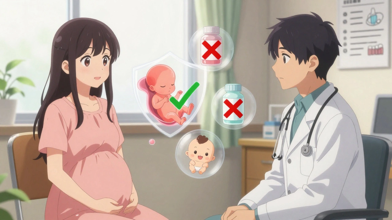 Pregnant woman consulting a doctor with safe and unsafe drug icons floating around them.