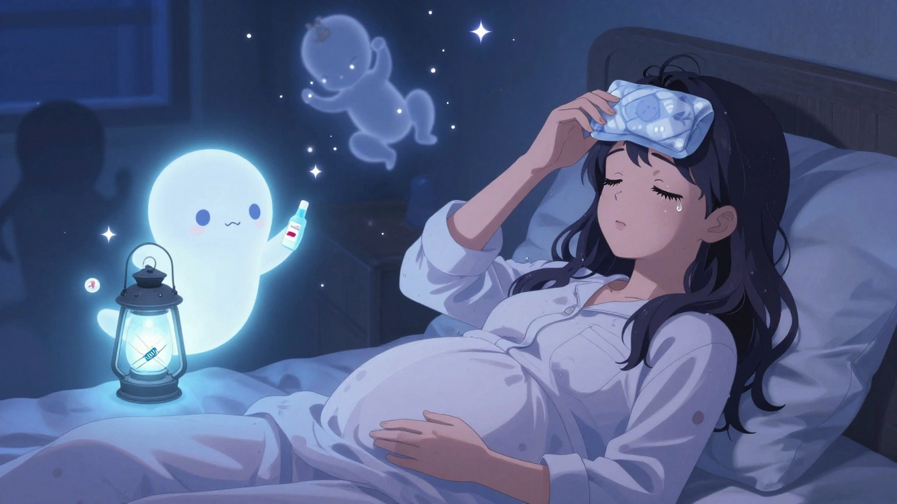 Pregnant woman resting at night with a comforting spirit guiding her to safe remedies.