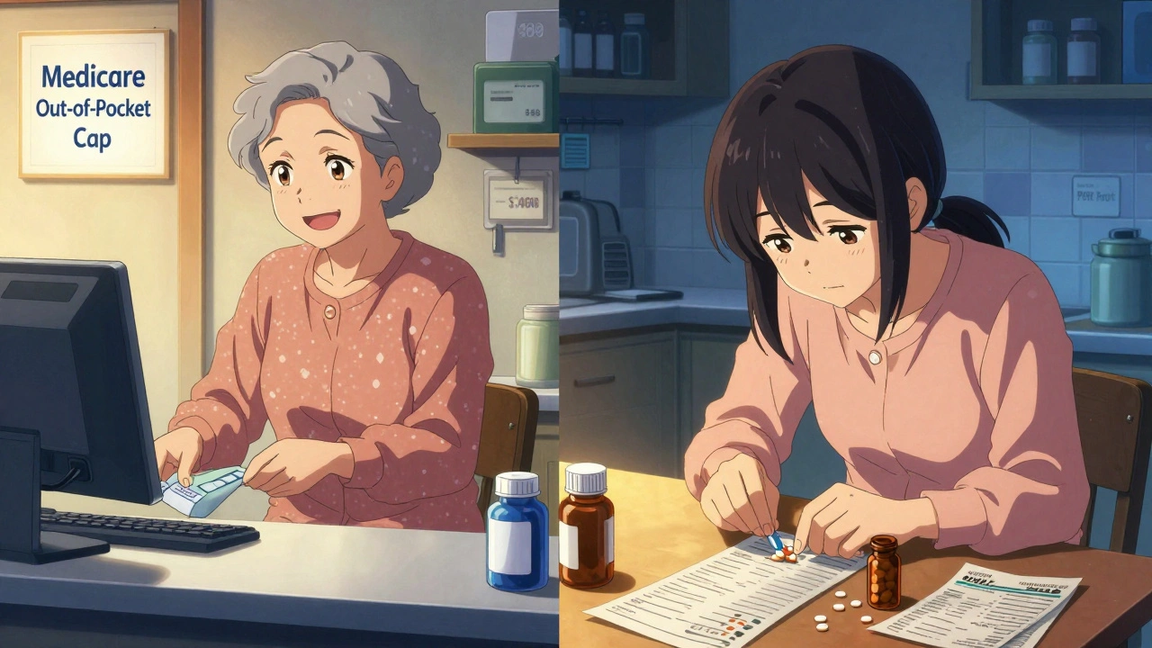 Split scene: a senior woman paying ,000 for meds vs. earlier cutting pills in half to save money.