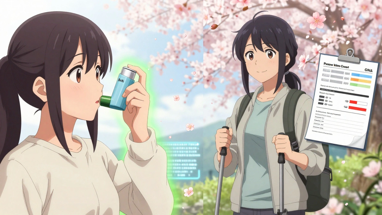 Split scene of a girl using a dual-purpose inhaler, transitioning to a healthy adult hiking.