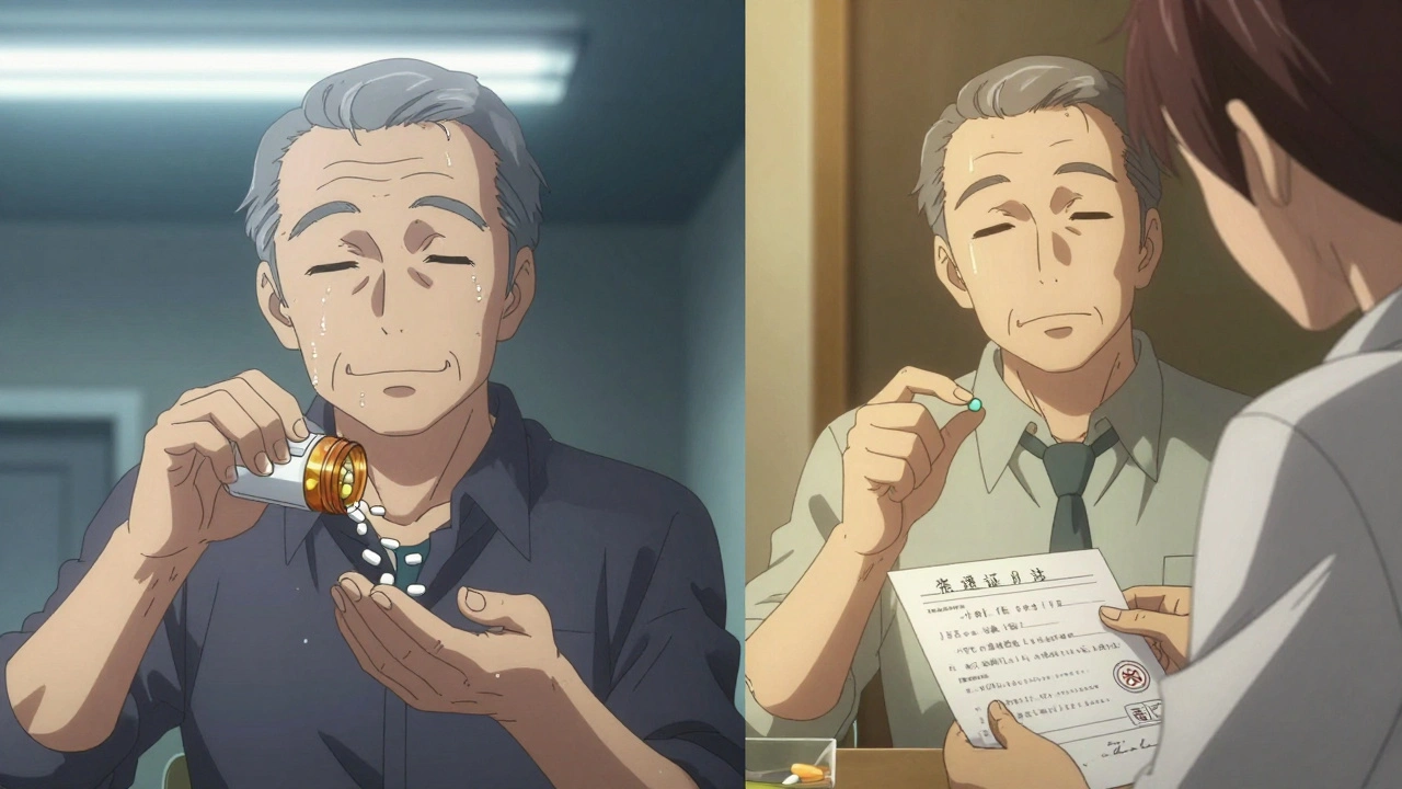 Split scene: one man taking too many pills vs. another taking the correct dose with a translator.