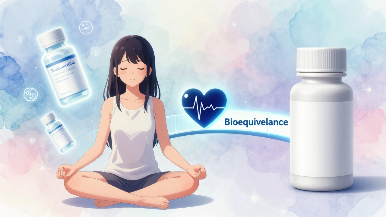 Split scene showing brand and generic drugs connected by a bioequivalence bridge, with a calm woman meditating.