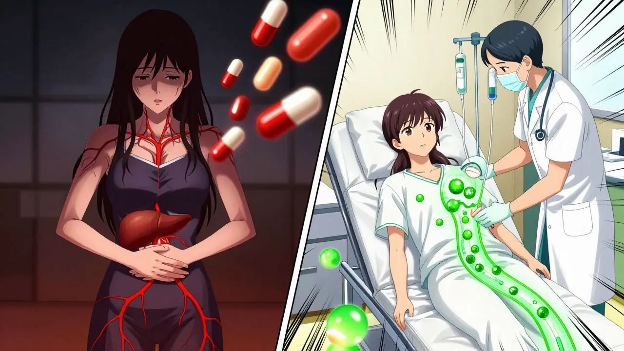 Split scene: woman in danger from acetaminophen vs. safe detox with medical support.