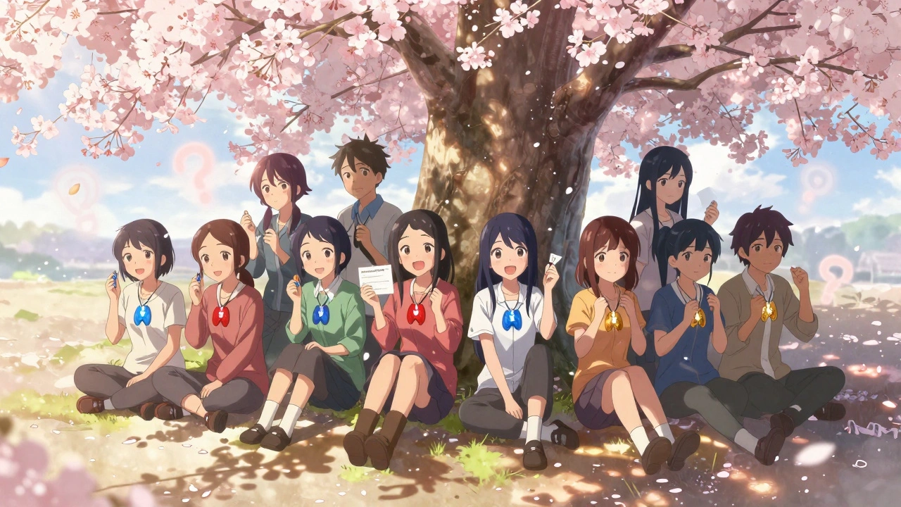 Survivors sit under a blooming cherry tree, each holding a glowing thyroid pendant, their shadows forming connected glands on the ground.