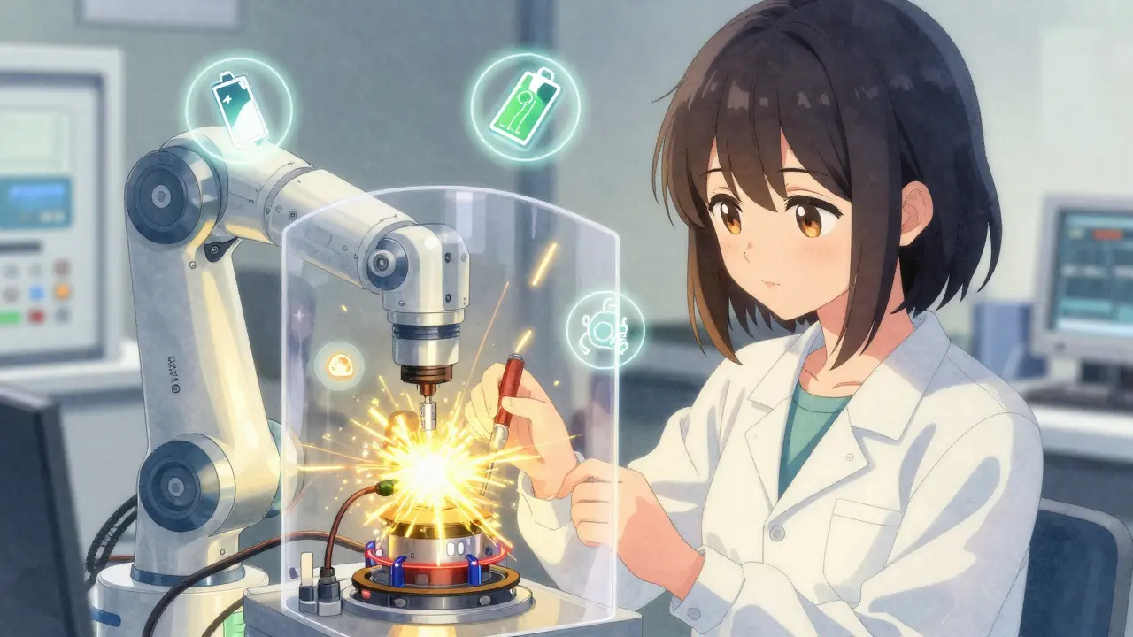 Technician's hands testing a medical device with golden energy sparks and risk icons floating nearby.