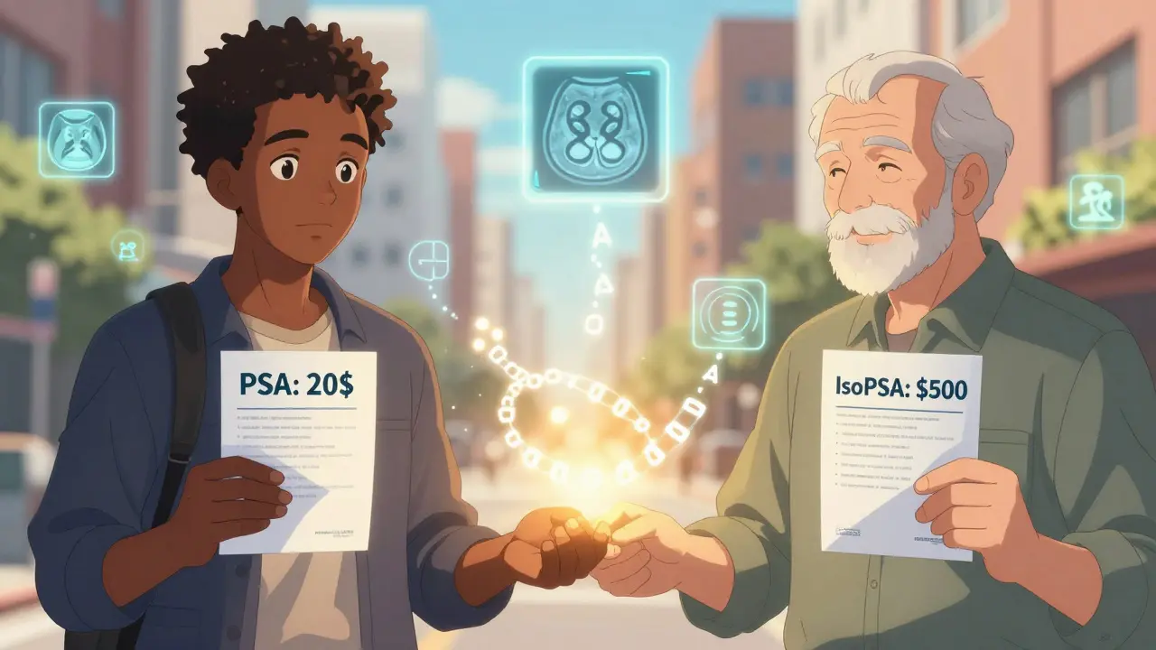 Two men from different backgrounds hold contrasting screening options, surrounded by advanced medical icons.