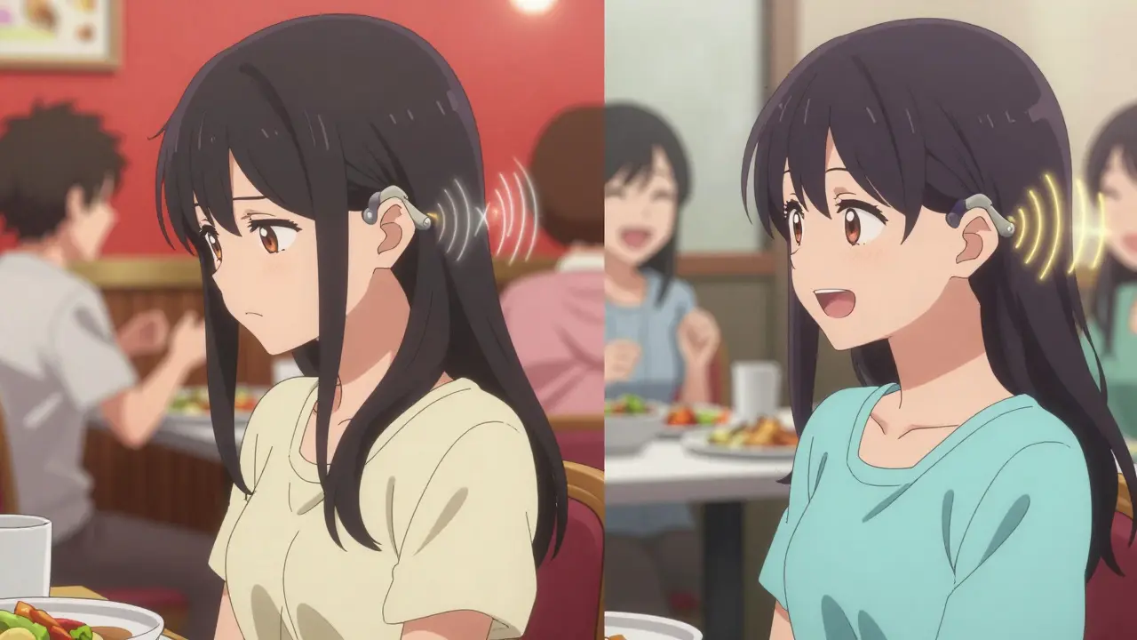 Two women comparing hearing experiences: one struggling in noise, one thriving with clear sound, anime bishoujo style.