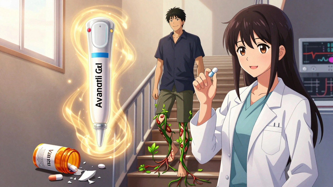 Woman holding glowing topical cream as man walks up stairs, broken pills at his feet.