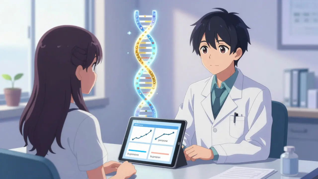 Woman in doctor's office with glowing DNA helix showing gene variant, comparing antidepressant weight effects on a tablet.