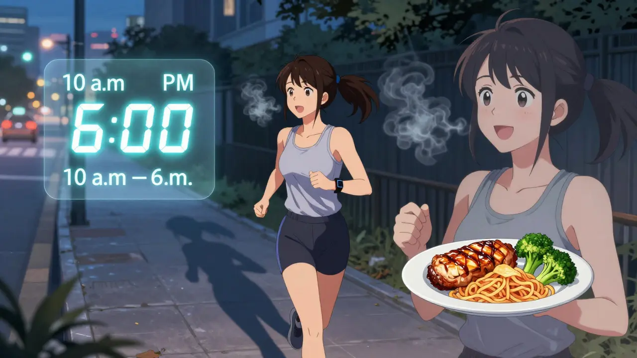 Woman jogging at twilight with a digital eating window overlay, holding healthy food while her past self smiles beside her.