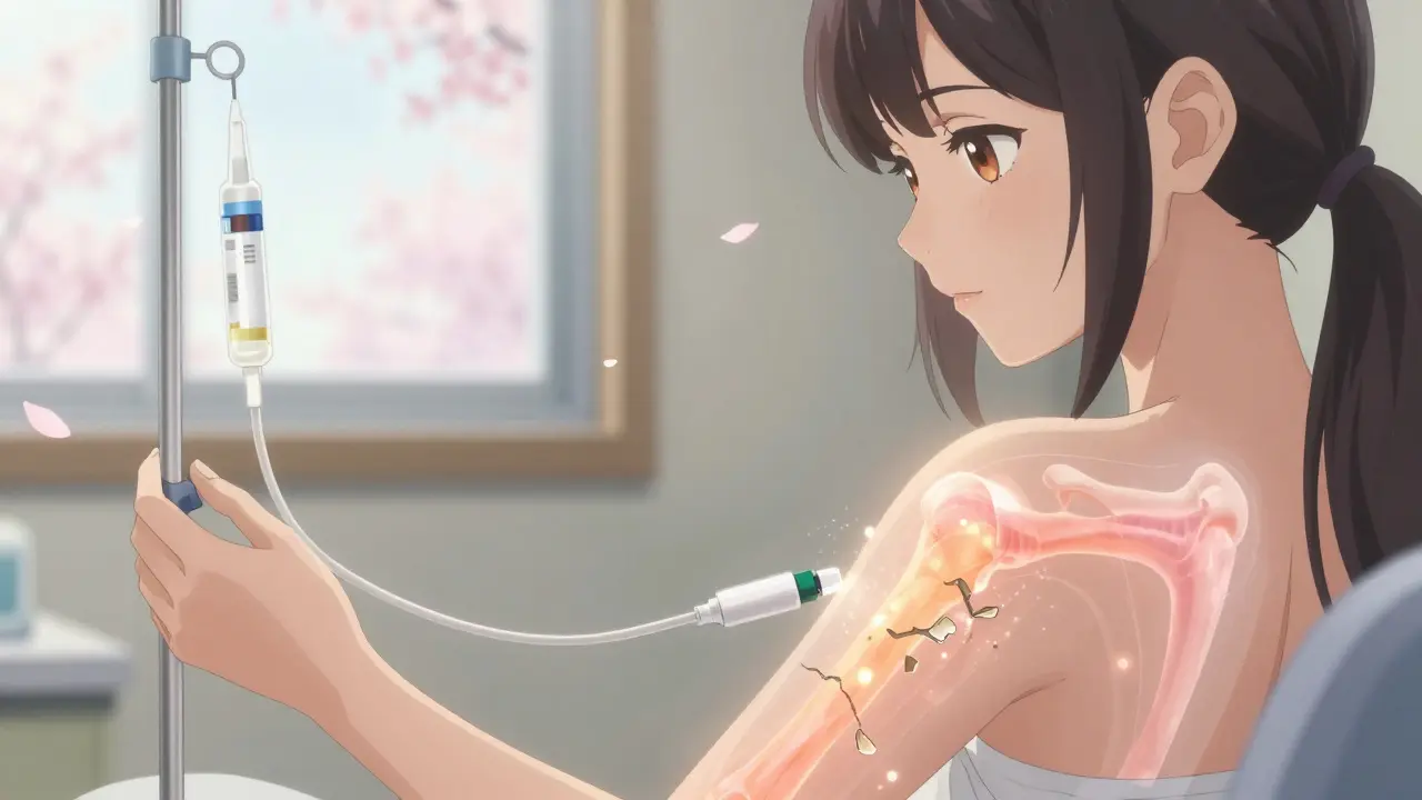 Woman receiving IV osteoporosis treatment with glowing healthy bones visible beneath skin.