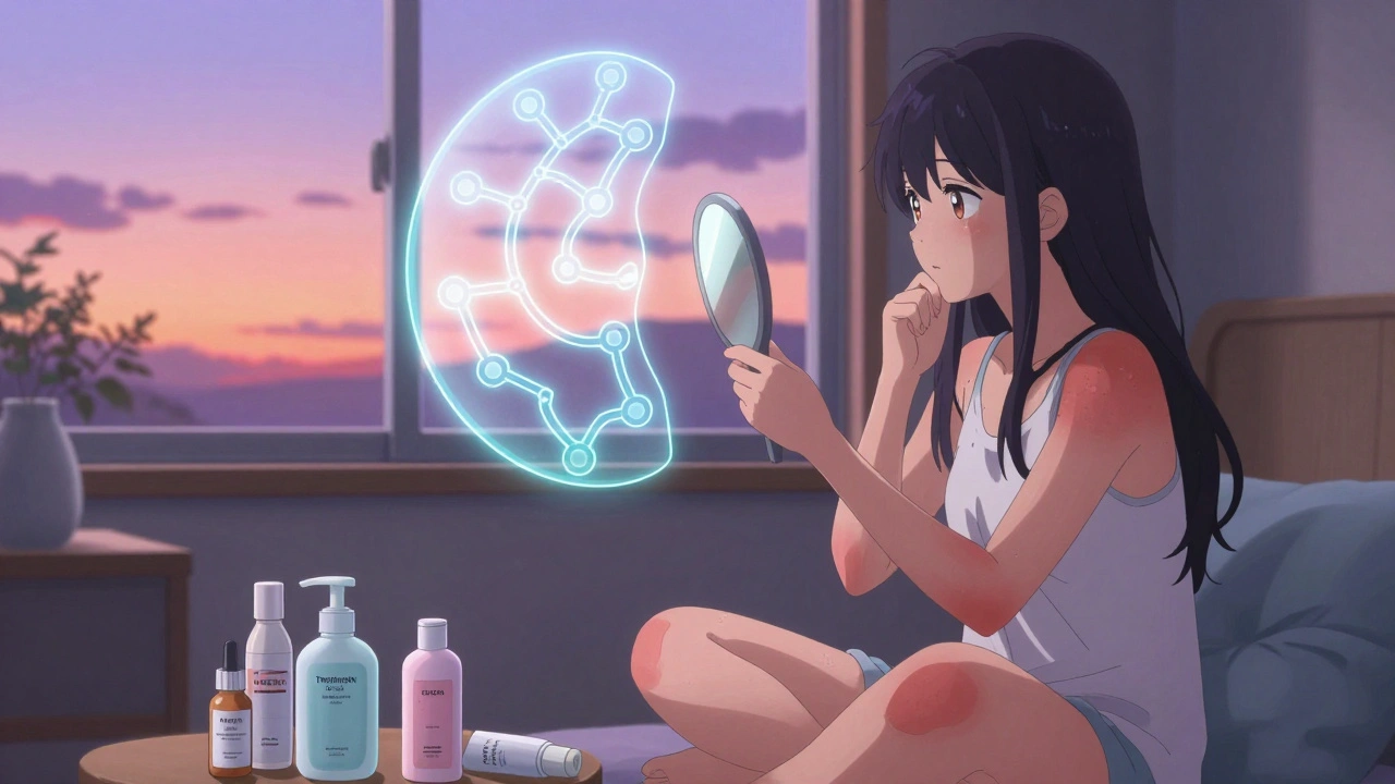 Woman surrounded by acne treatments, a glowing TLR2 pathway above her, holding sunscreen as she looks at her healing skin.