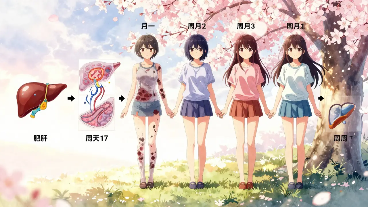 Woman transforming over time as her liver heals from damage to full regeneration.