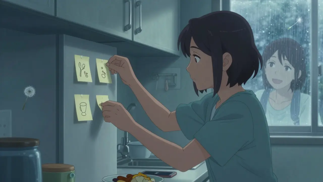 A caregiver labels kitchen items with illustrated notes, a ghostly memory of the loved one fades in the background, rain streaks the window.