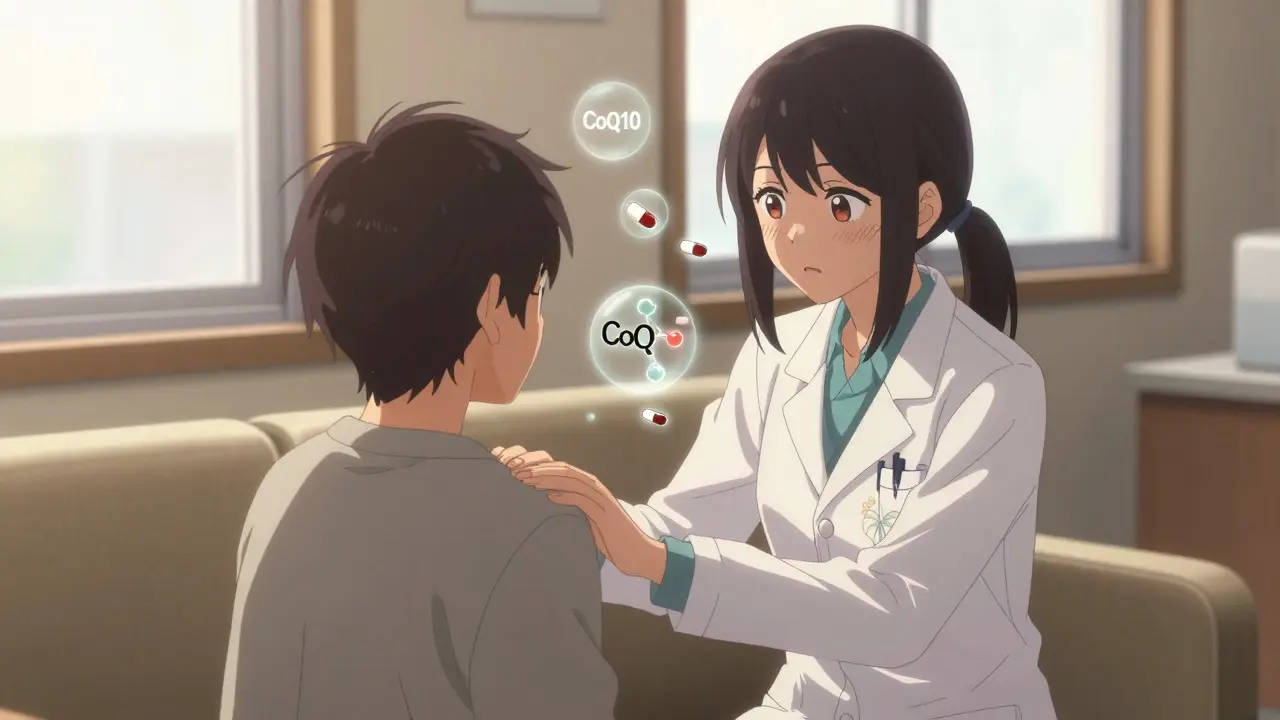 A doctor and patient in a clinic, surrounded by floating CoQ10 and statin icons, sharing a moment of trust.