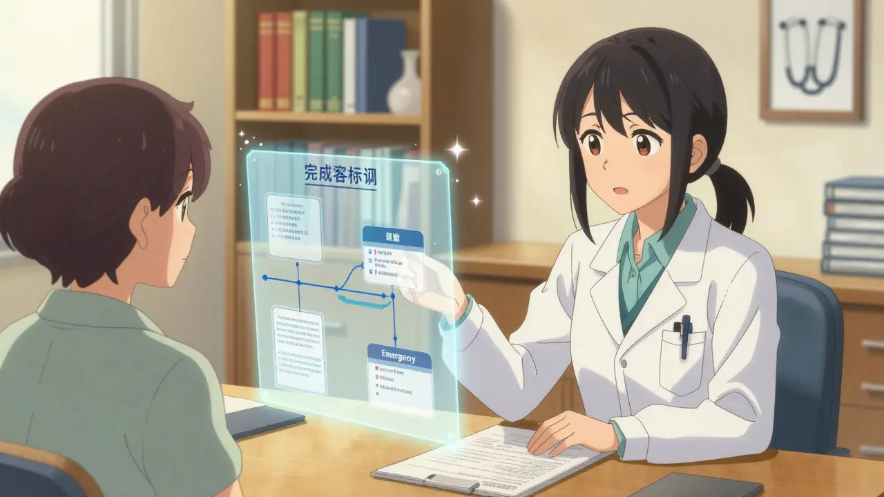 A doctor explains prior authorization to a patient using a holographic approval flowchart.
