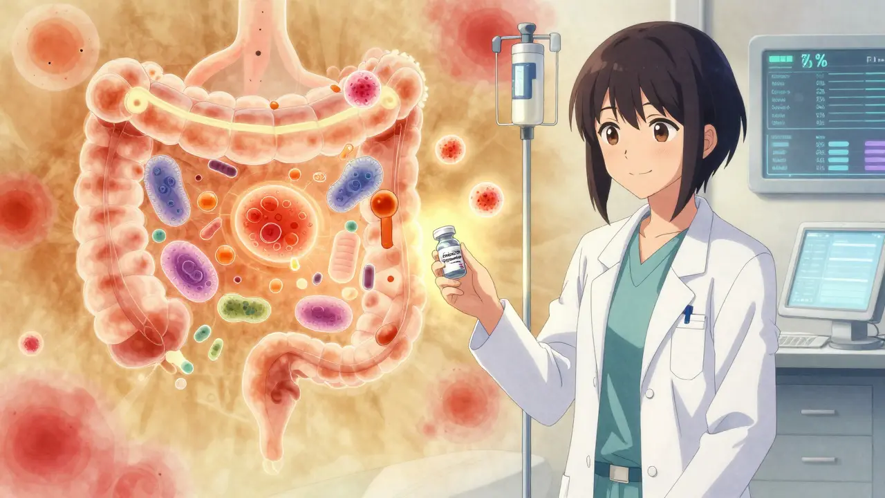 A doctor gives a patient a microbiome-optimizing capsule beside chemotherapy, with healthy bacteria protecting the drug.