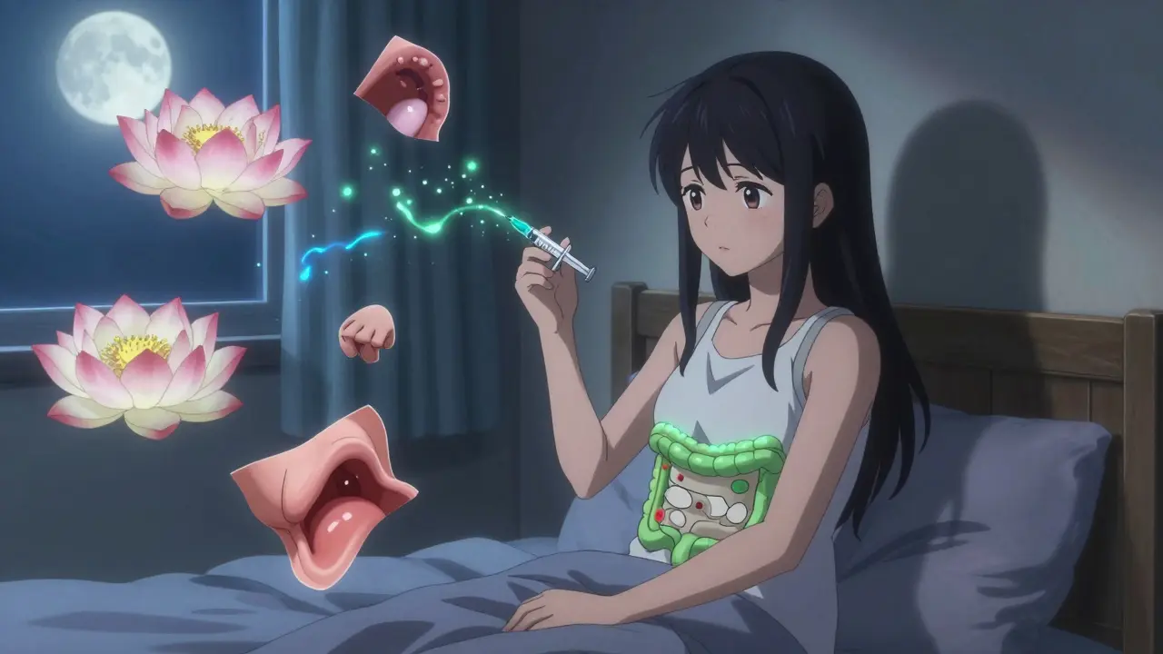 A girl administering a biologic injection as immune cells transform into blooming flowers around her.