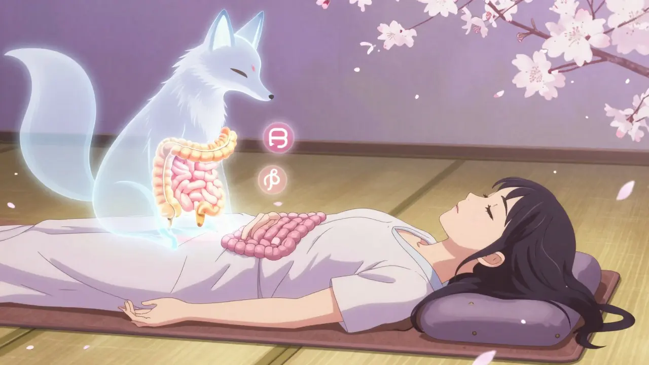 A girl in gut-directed hypnotherapy guided by a fox spirit, her intestines glowing as rivers of light.