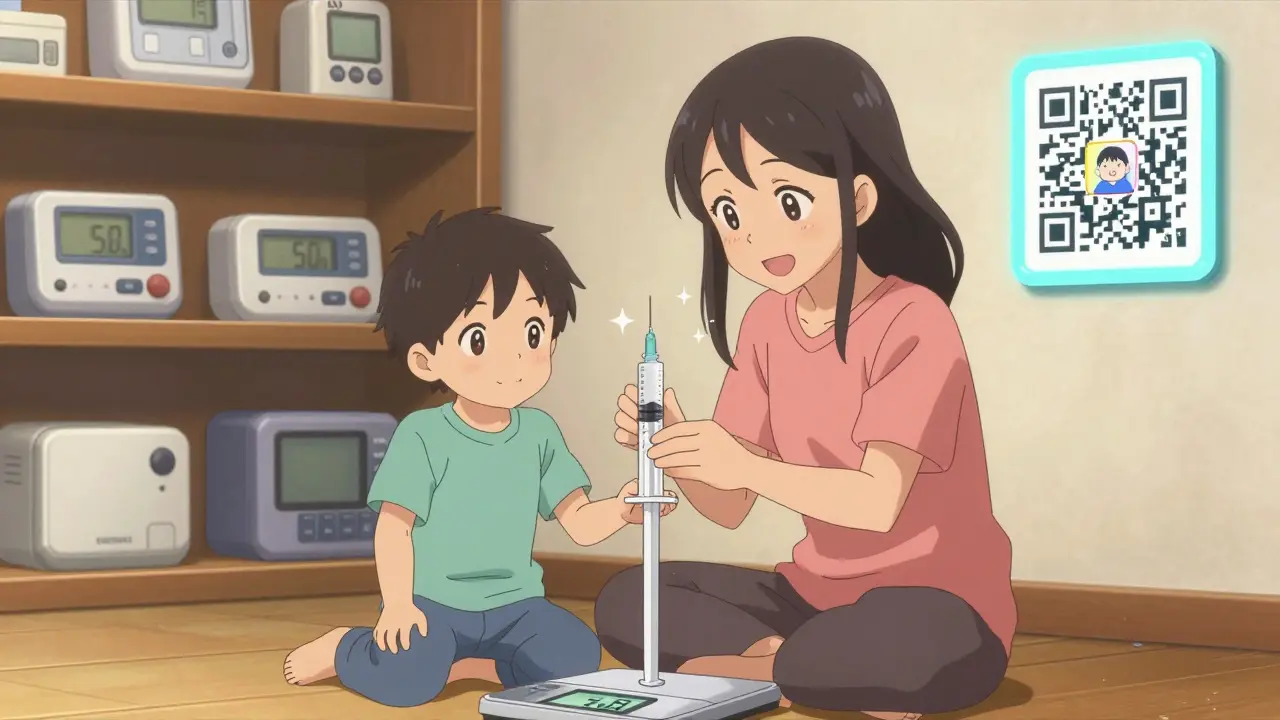 A mother and child practice measuring medicine with a syringe and digital scale at home.