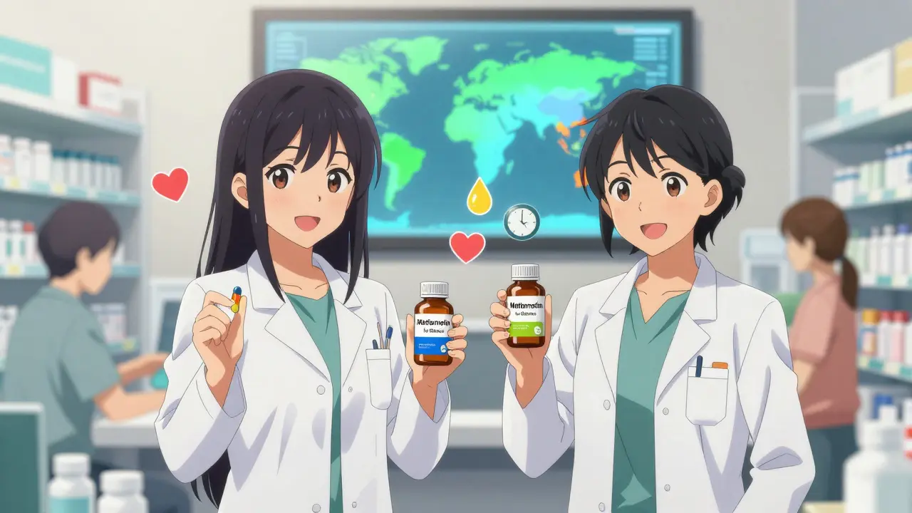 A pharmacist and patient reviewing pill labels together with clear icons and a global color-coding map in the background.