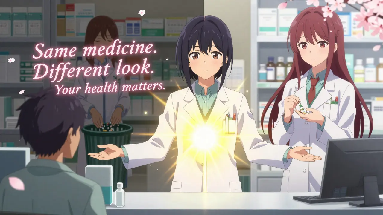 A pharmacist radiates golden light as a patient transitions from fear to trust, cherry blossoms floating around them.