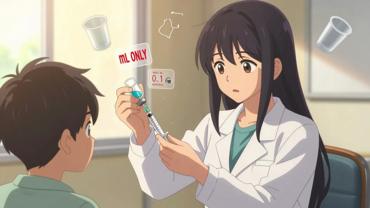 A pharmacist teaches a teen to use a calibrated syringe while outdated dosing cups break apart.
