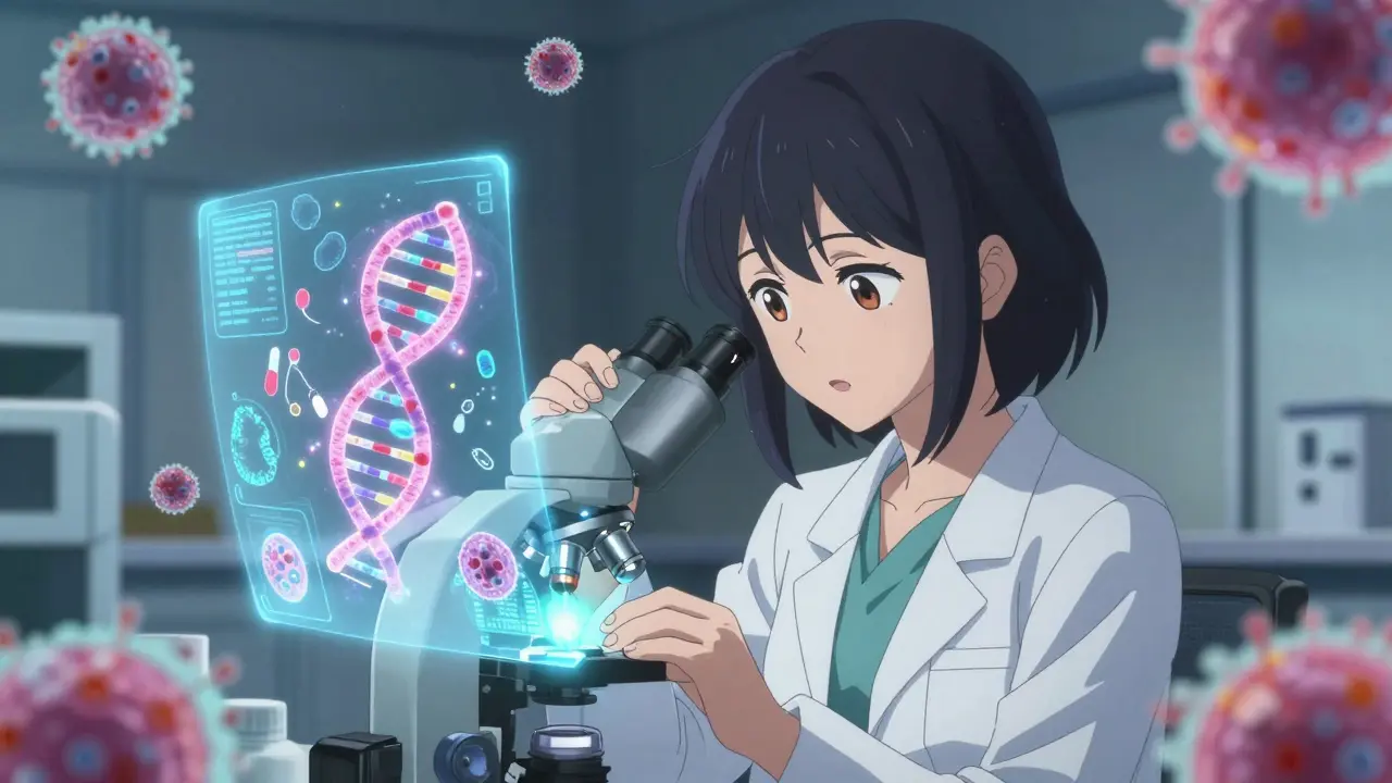 A scientist examining a glowing stool sample with holographic drug metabolism data floating around her.