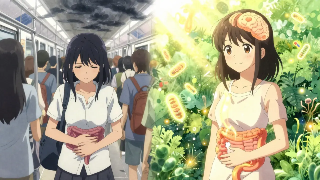 A split scene of a girl experiencing stress versus calm, with probiotic fireflies and light flowing from brain to gut.