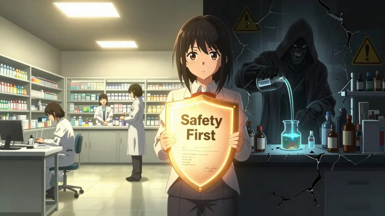 A split scene showing a safe, glowing compounding pharmacy versus a dangerous shadowy lab with a protective shield.