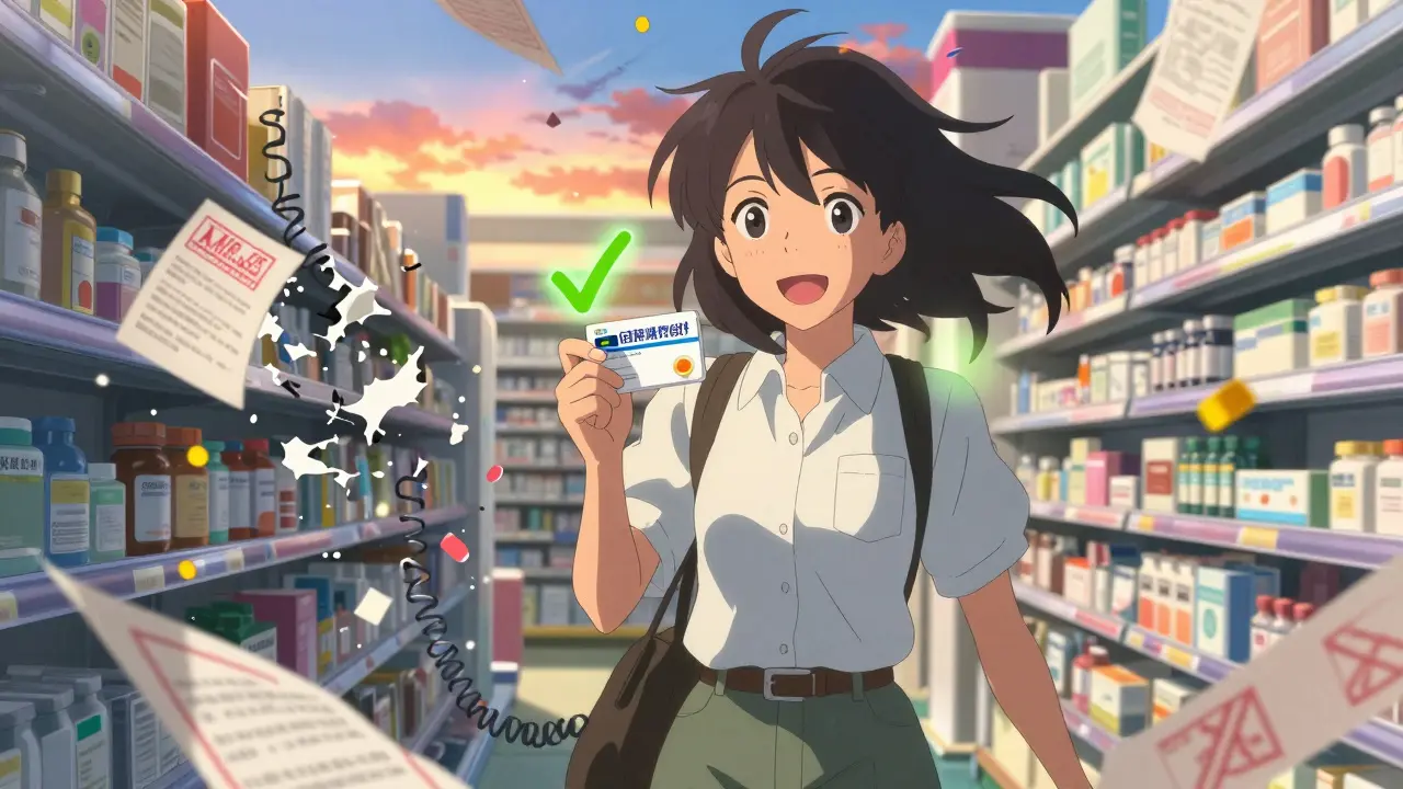 A woman celebrates receiving approved medication as bureaucratic obstacles dissolve behind her.