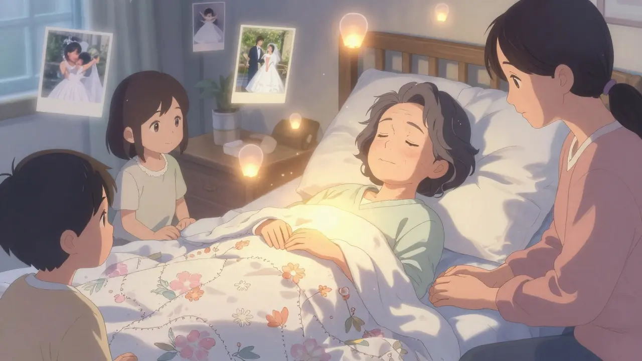 An elderly person lies peacefully in bed as family hums a lullaby, floating translucent memories glow around them like paper lanterns.