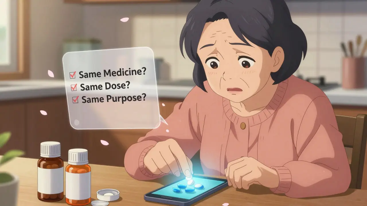 An elderly woman comparing a new pill to a photo on her phone, surrounded by open medication bottles.