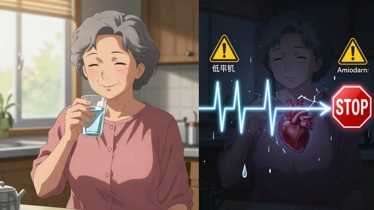 An elderly woman takes hydroxyzine; one panel shows calm sunlight, the other a violent heart rhythm glitch.