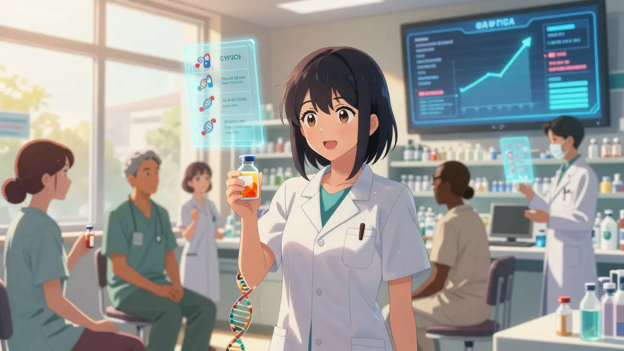 Diverse patients receiving personalized meds with DNA strands, holographic gene-drug matches glowing above them.
