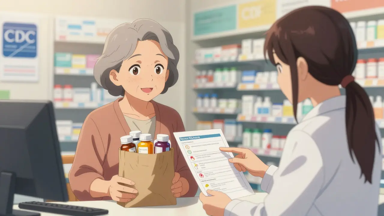 Elderly woman and pharmacist reviewing medications at a pharmacy counter with labeled bottles.