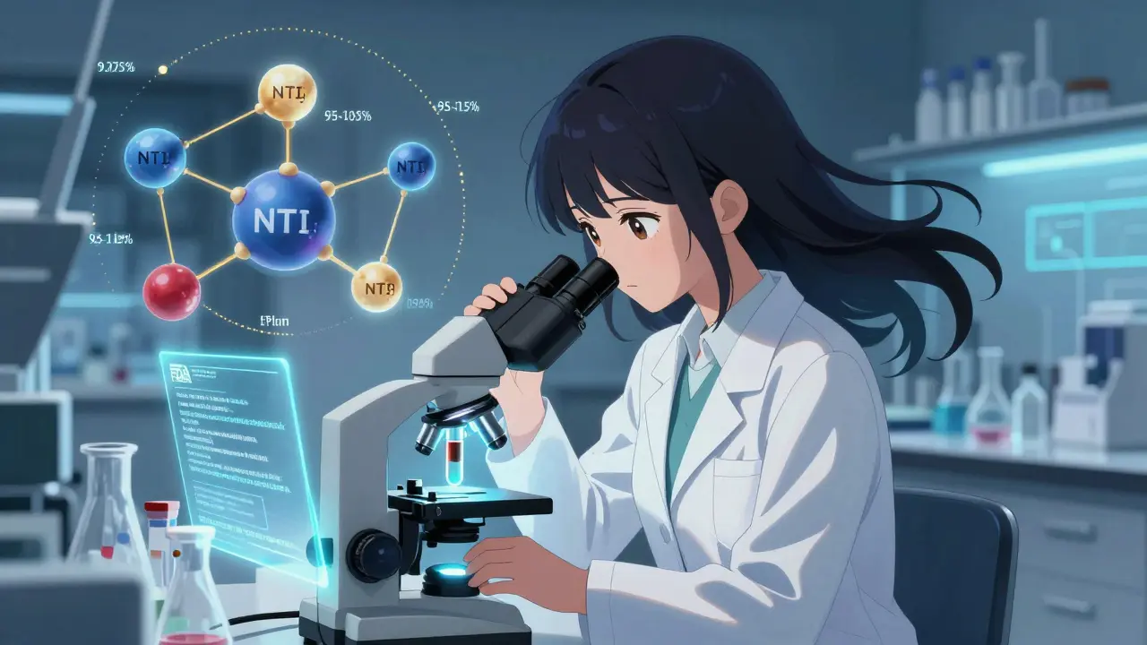 Female scientist analyzing NTI drug samples with floating molecules and FDA guidelines in holograms.