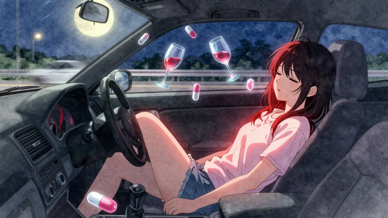Girl asleep in car, floating pills and wine glasses surround her, moonlight illuminating the scene.