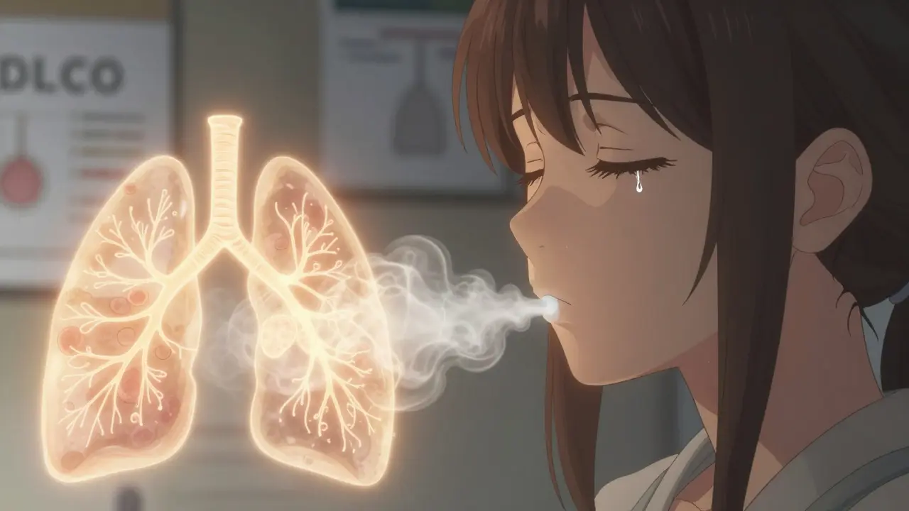Girl holding breath during DLCO test as golden gas flows into glowing lung model.