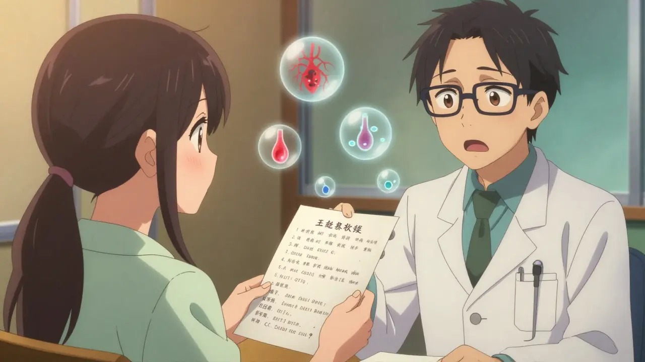 Girl presenting medication list to doctor, floating icons of constricted vessels nearby.