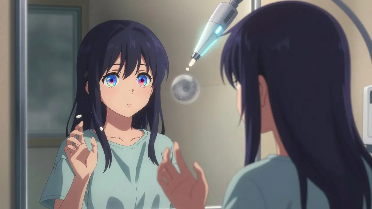 Girl’s split reflection in mirror: one side clear vision, other side cloudy cataract, floating pills and laser above her.