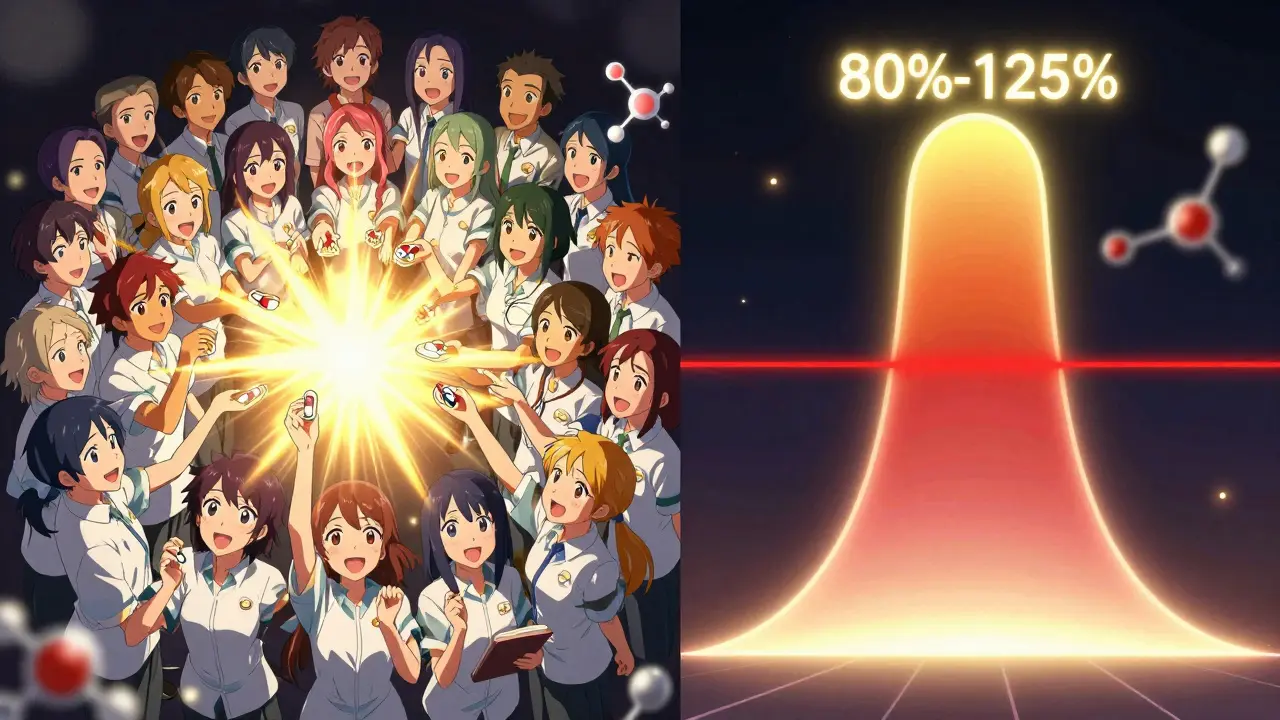 Group of volunteers holding pills with golden light, contrasted with a glowing 80-125% bioequivalence barrier.