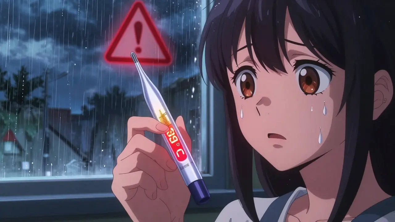 Hand holding expired insulin pen beside a high-temperature thermometer during a storm.