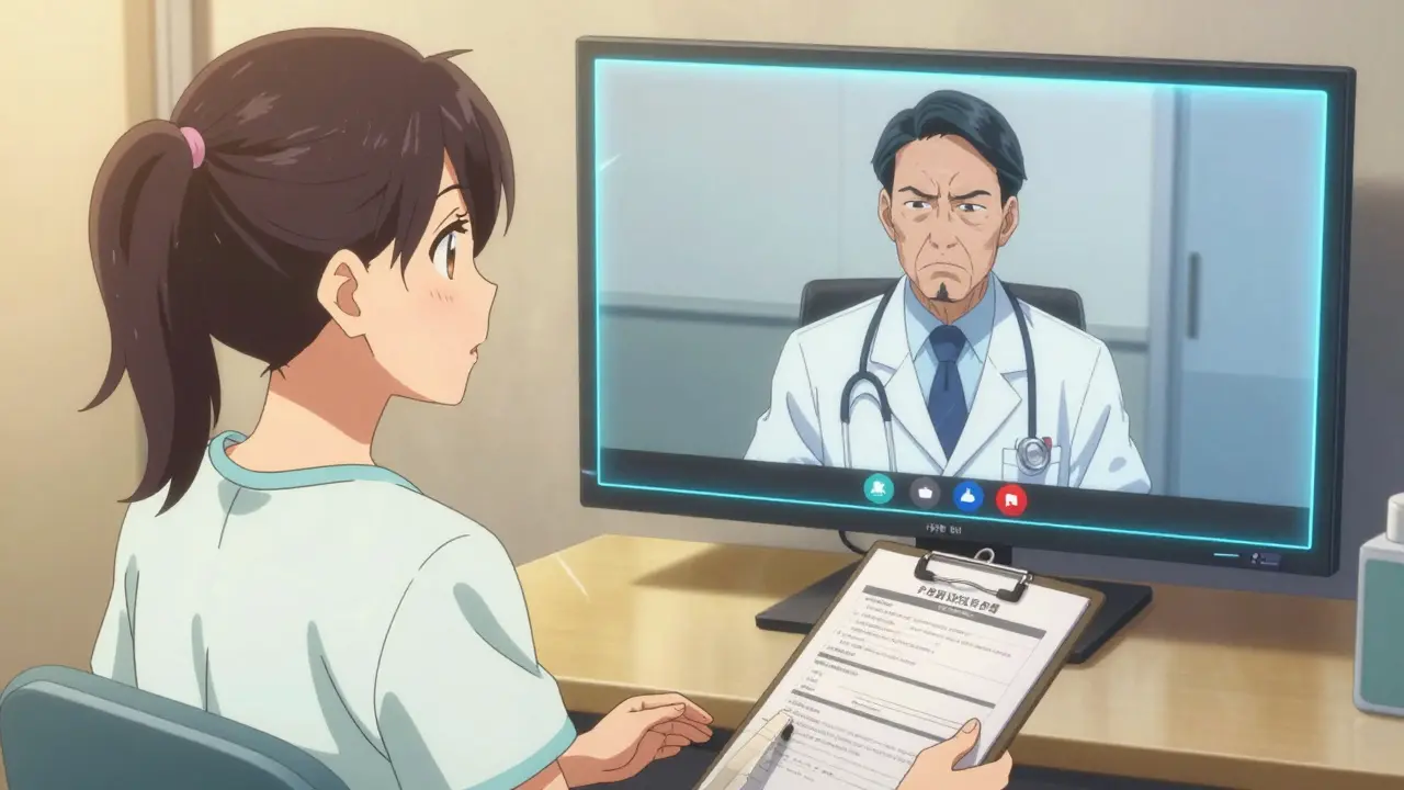 Patient and doctor speaking to an insurance director through a glowing video call screen.