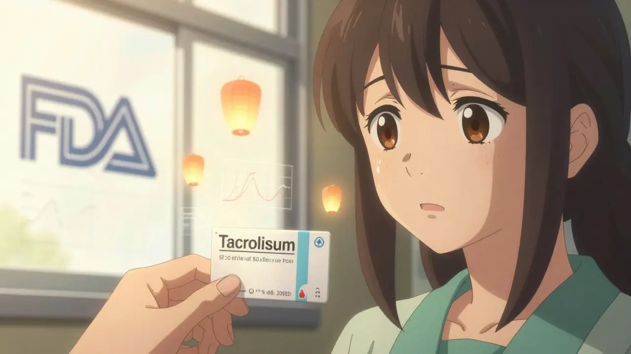 Patient receiving a tacrolimus prescription as data streams float around her like lanterns.