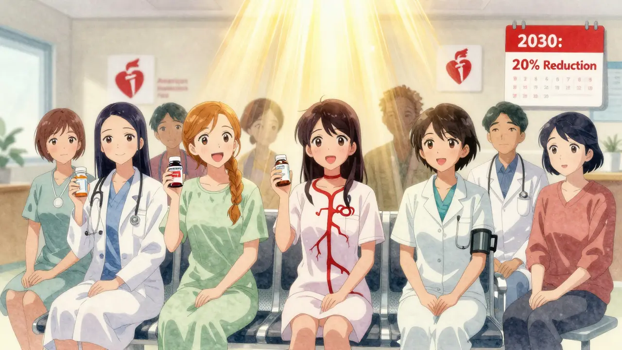 Patients in clinic with medications, golden light transforming shadows into healthy blood flow.